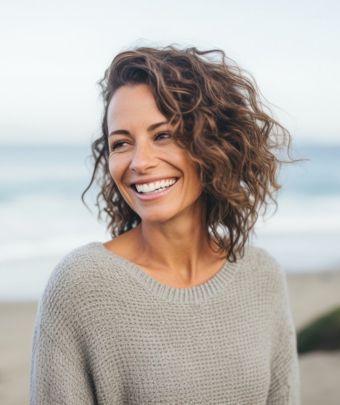 Photo of a happy woman wearing a gray waffle sweater at the beach